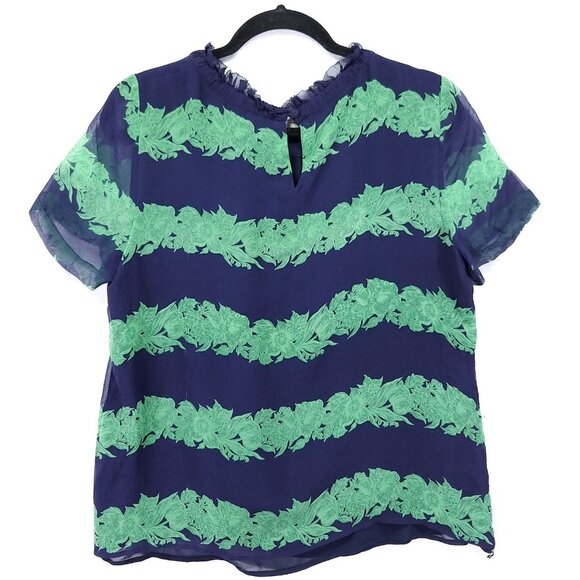 J.Crew Silk Ruffle Blouse Womens Size 12 Top Beanstalk Stripe Navy Green Retro - Picture 3 of 13